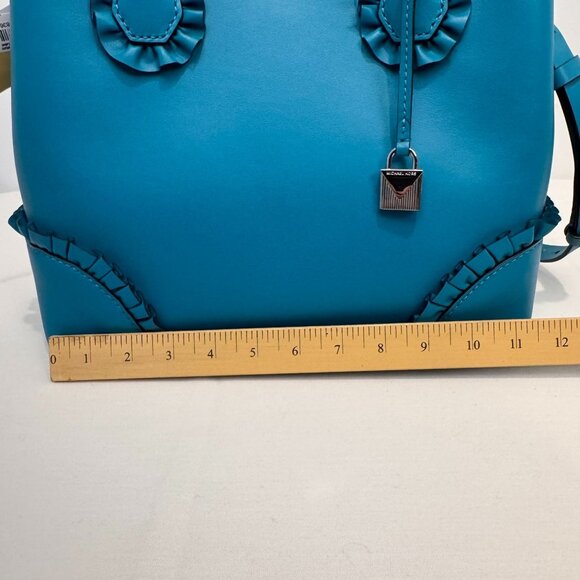 Michael Kors Teal Leather Handbag With Ruffled Accents & Adjustable Strap - Picture 10 of 14